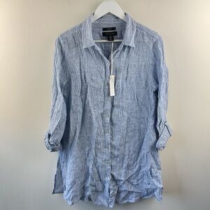 Tahari 100% Linen Blue Button-Down Shirt Roll Tab Sleeves Size Medium NWT